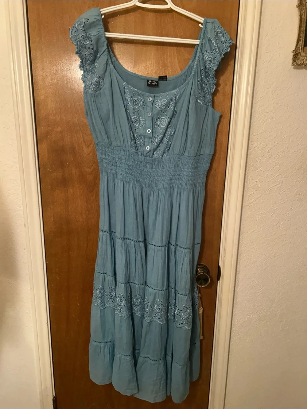 Blue Eyelet Maxi Dress with Lace Sleeves. 100% cotton. XL